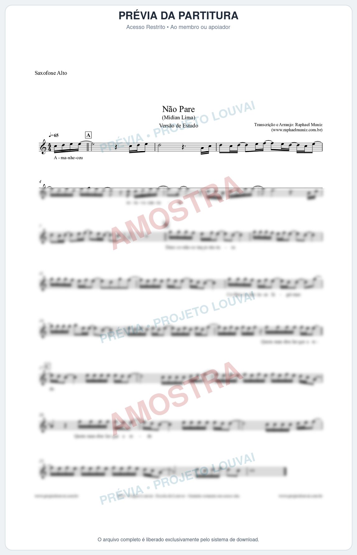 Prévia protegida da primeira página da partitura Partitura para Saxofone Alto - Não Pare (Versão de Estudo) - Midian Lima