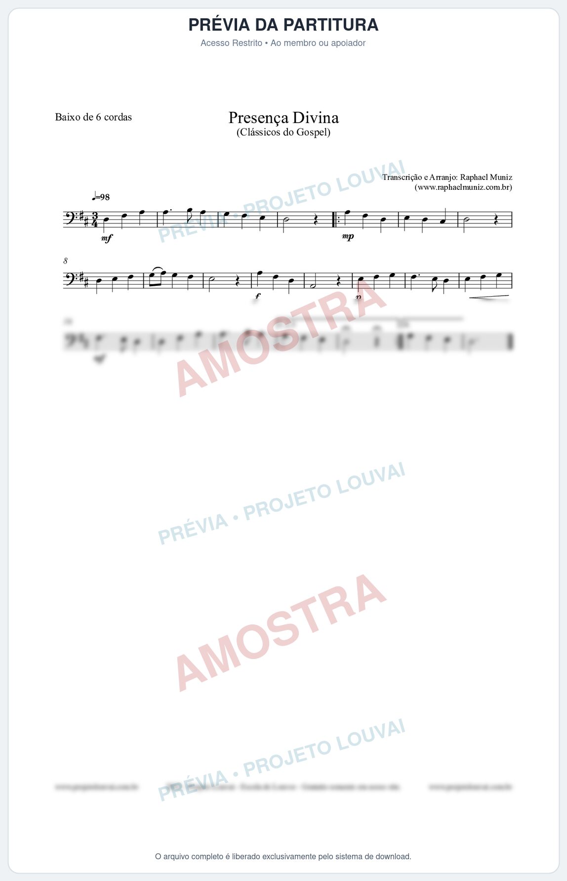 Prévia protegida da primeira página da partitura Partitura para Baixo de 6 cordas - Presença Divina - Cantor Cristão nº5 - Clássicos do Gospel