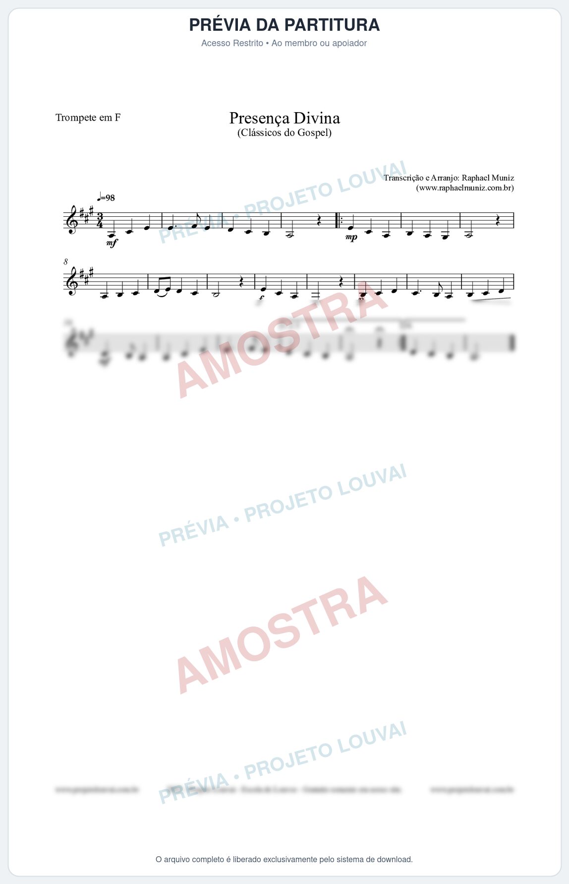 Prévia protegida da primeira página da partitura Partitura para Trompete em F - Presença Divina - Cantor Cristão nº5 - Clássicos do Gospel
