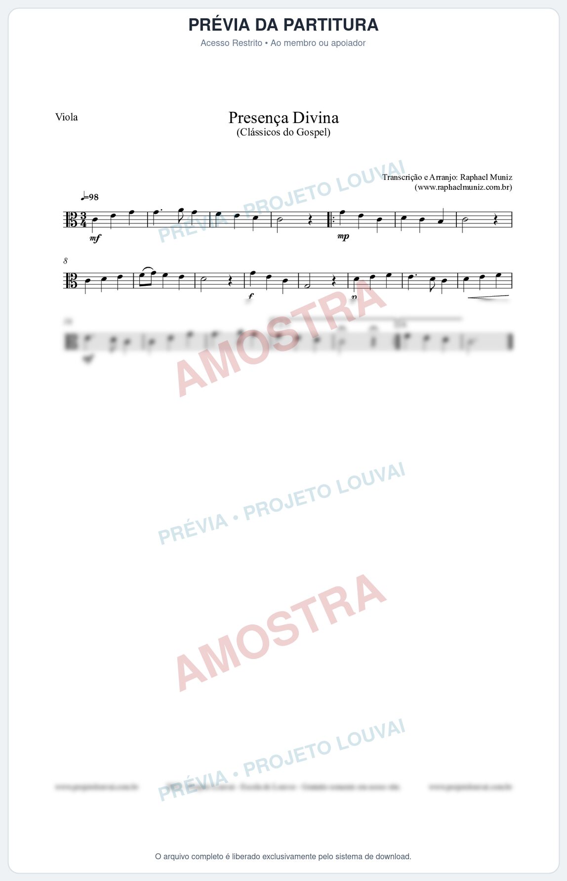 Prévia protegida da primeira página da partitura Partitura para Viola - Presença Divina - Cantor Cristão nº5 - Clássicos do Gospel
