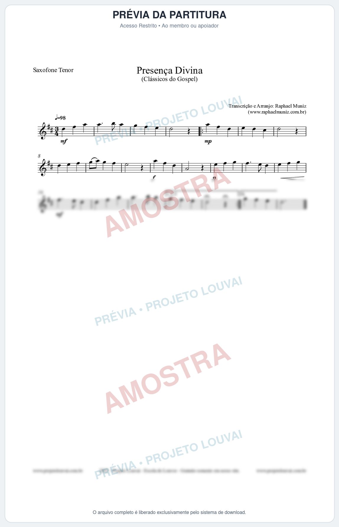 Prévia protegida da primeira página da partitura Partitura para Saxofone Tenor - Presença Divina - Cantor Cristão nº5 - Clássicos do Gospel