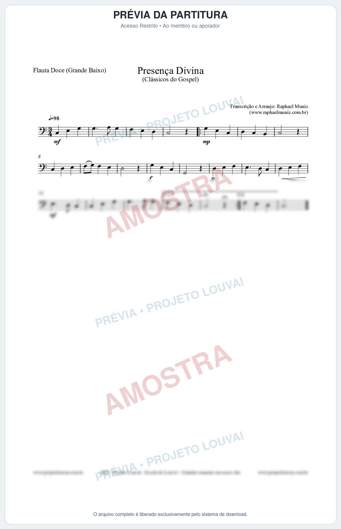 Prévia protegida da primeira página da partitura Partitura para Flauta Doce (Grande Baixo) - Presença Divina - Cantor Cristão nº5 - Clássicos do Gospel
