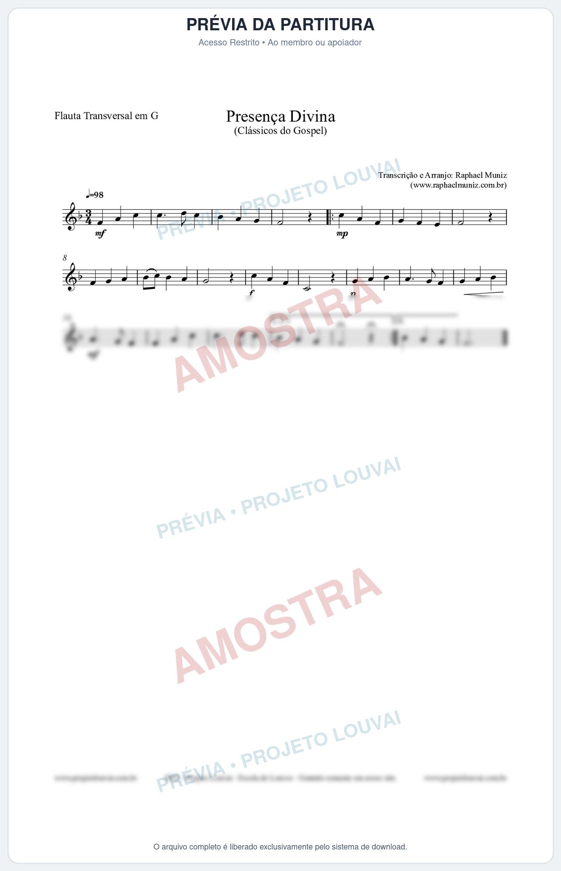 Prévia protegida da primeira página da partitura Partitura para Flauta Transversal em G - Presença Divina - Cantor Cristão nº5 - Clássicos do Gospel