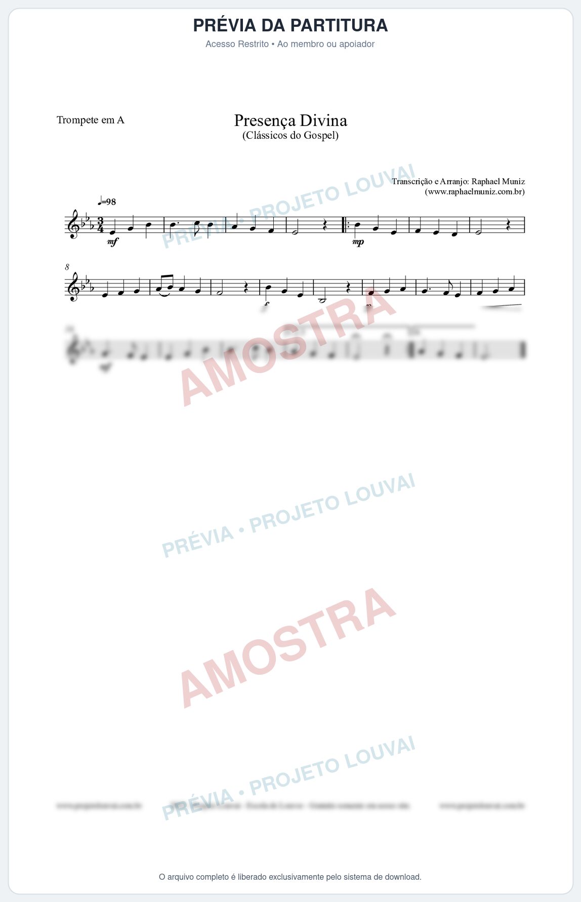 Prévia protegida da primeira página da partitura Partitura para Trompete em A - Presença Divina - Cantor Cristão nº5 - Clássicos do Gospel