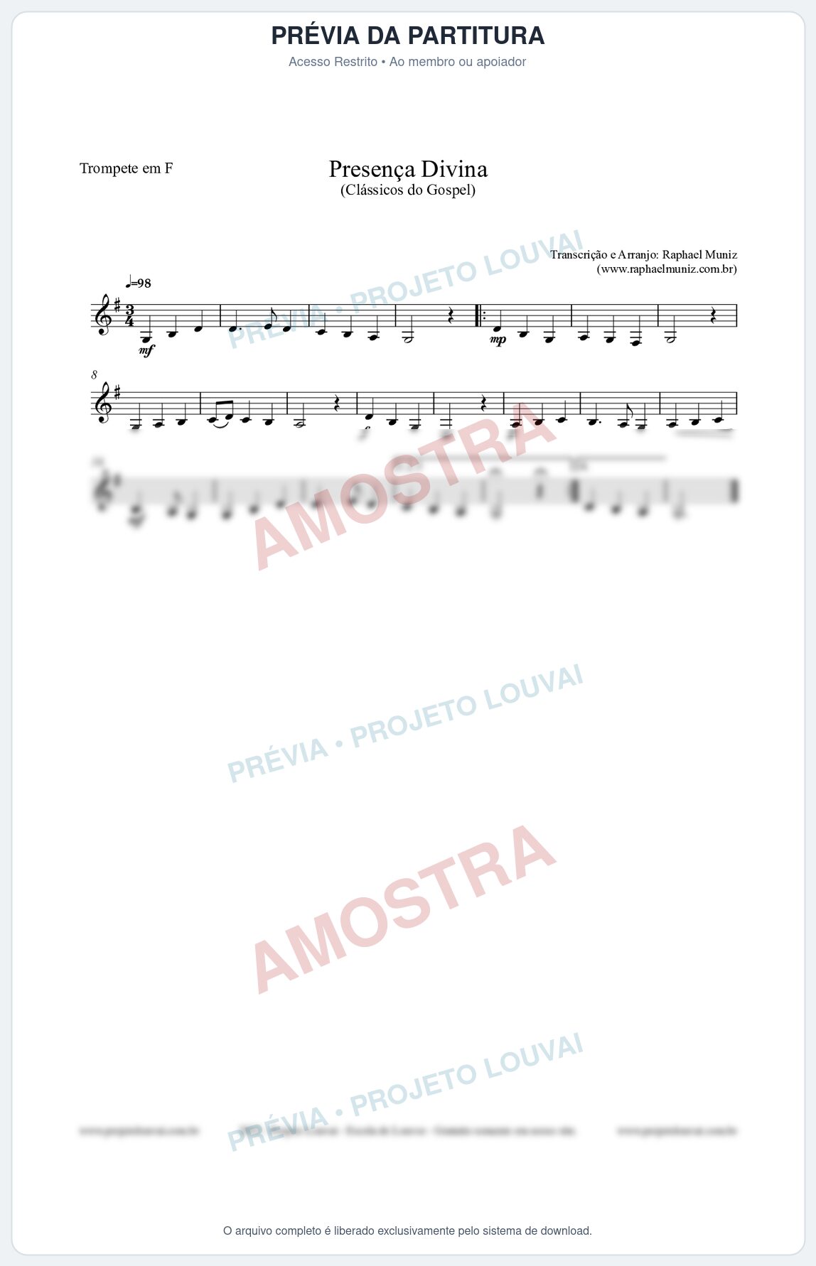Prévia protegida da primeira página da partitura Partitura para Trompete em F - Presença Divina - Cantor Cristão nº5 - Clássicos do Gospel