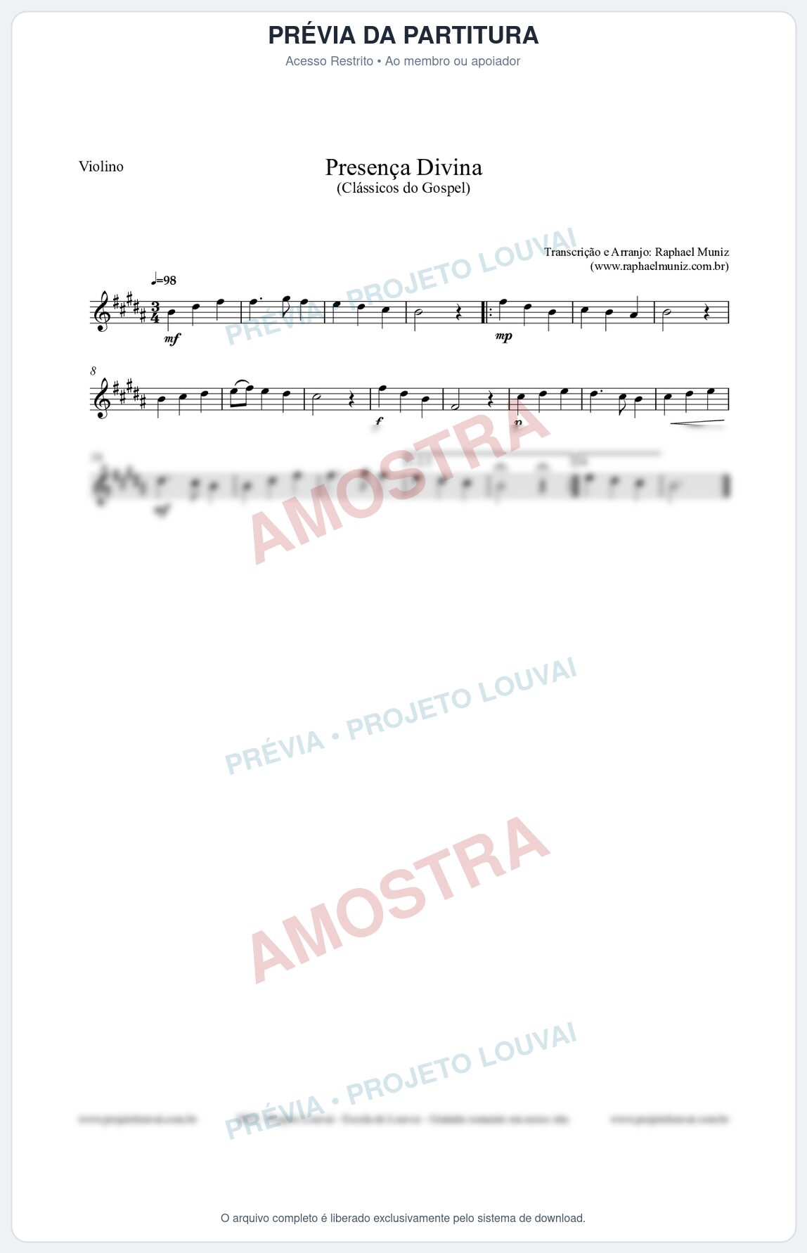 Prévia protegida da primeira página da partitura Partitura para Violino - Presença Divina - Cantor Cristão nº5 - Clássicos do Gospel
