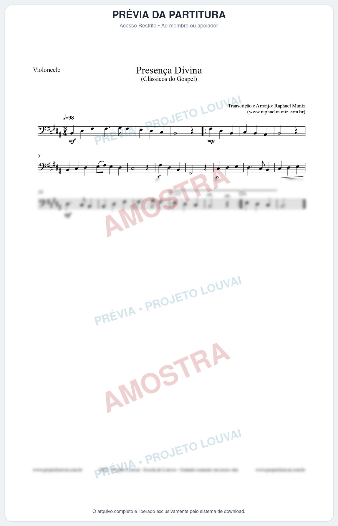 Prévia protegida da primeira página da partitura Partitura para Violoncelo - Presença Divina - Cantor Cristão nº5 - Clássicos do Gospel