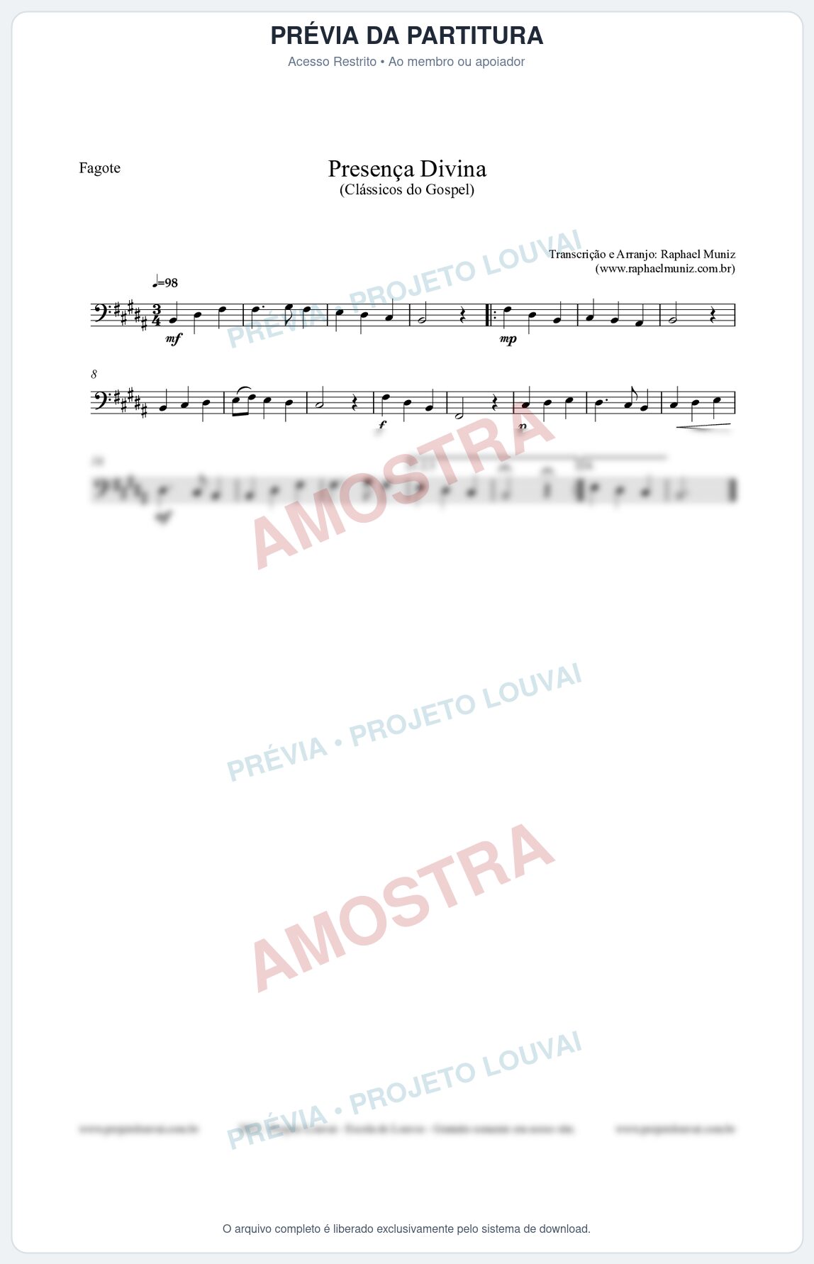 Prévia protegida da primeira página da partitura Partitura para Fagote - Presença Divina - Cantor Cristão nº5 - Clássicos do Gospel