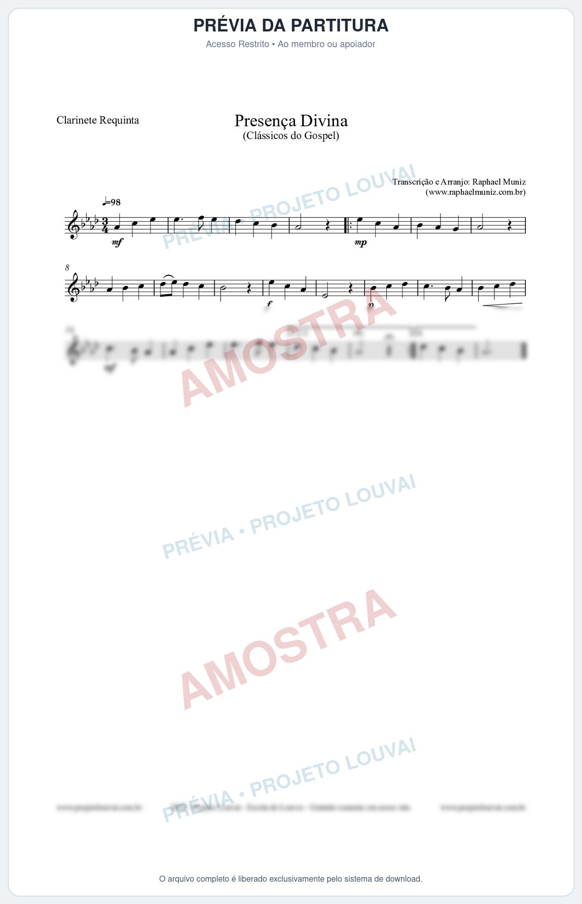 Prévia protegida da primeira página da partitura Partitura para Clarinete Requinta - Presença Divina - Cantor Cristão nº5 - Clássicos do Gospel