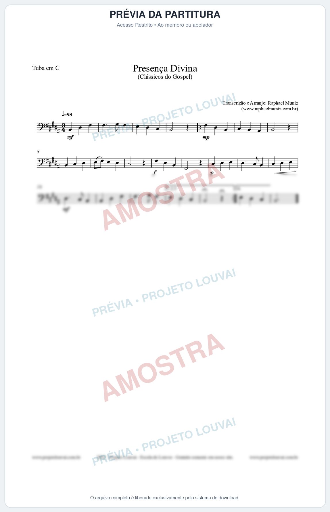 Prévia protegida da primeira página da partitura Partitura para Tuba em C - Presença Divina - Cantor Cristão nº5 - Clássicos do Gospel