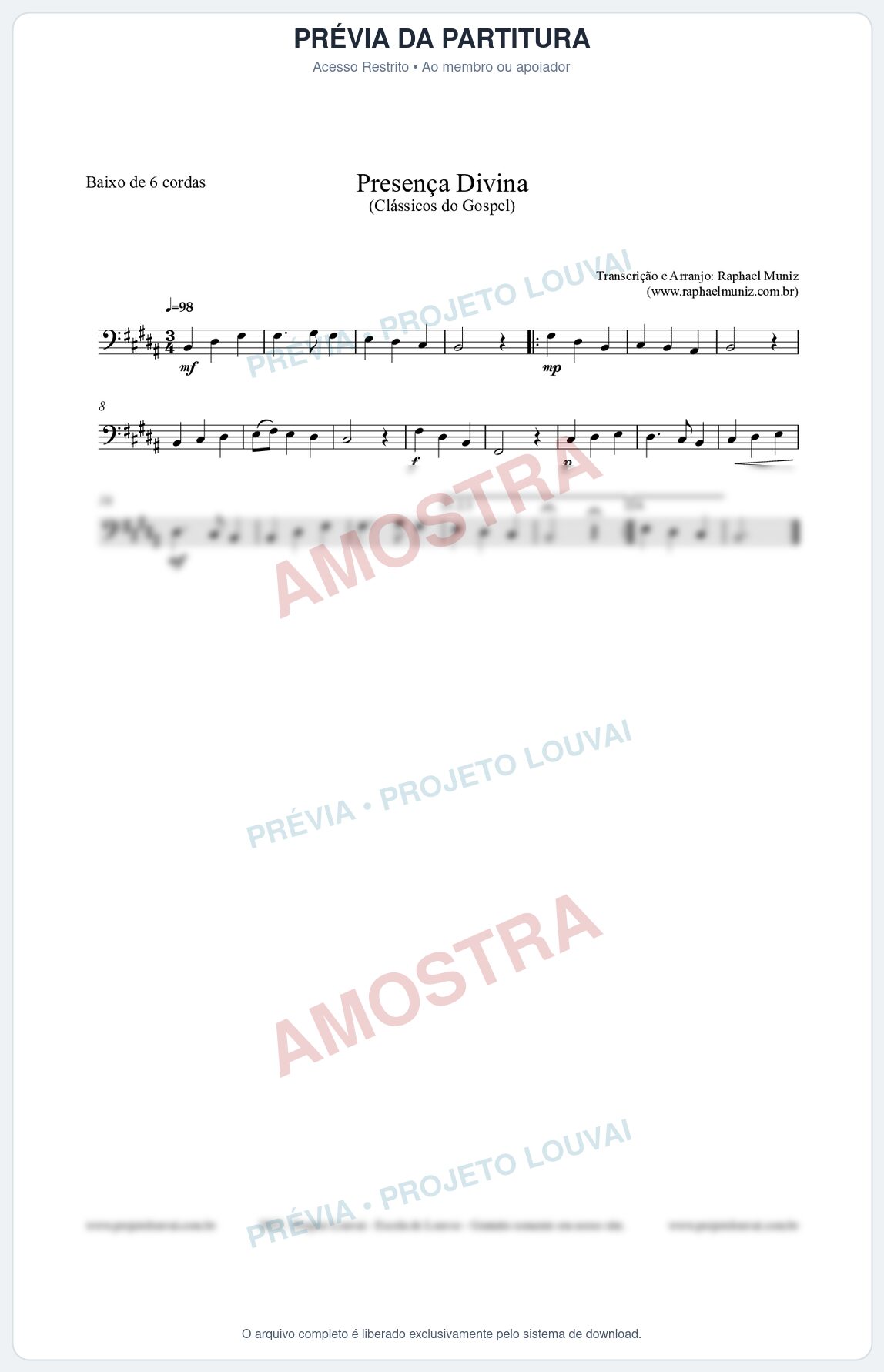 Prévia protegida da primeira página da partitura Partitura para Baixo de 6 cordas - Presença Divina - Cantor Cristão nº5 - Clássicos do Gospel