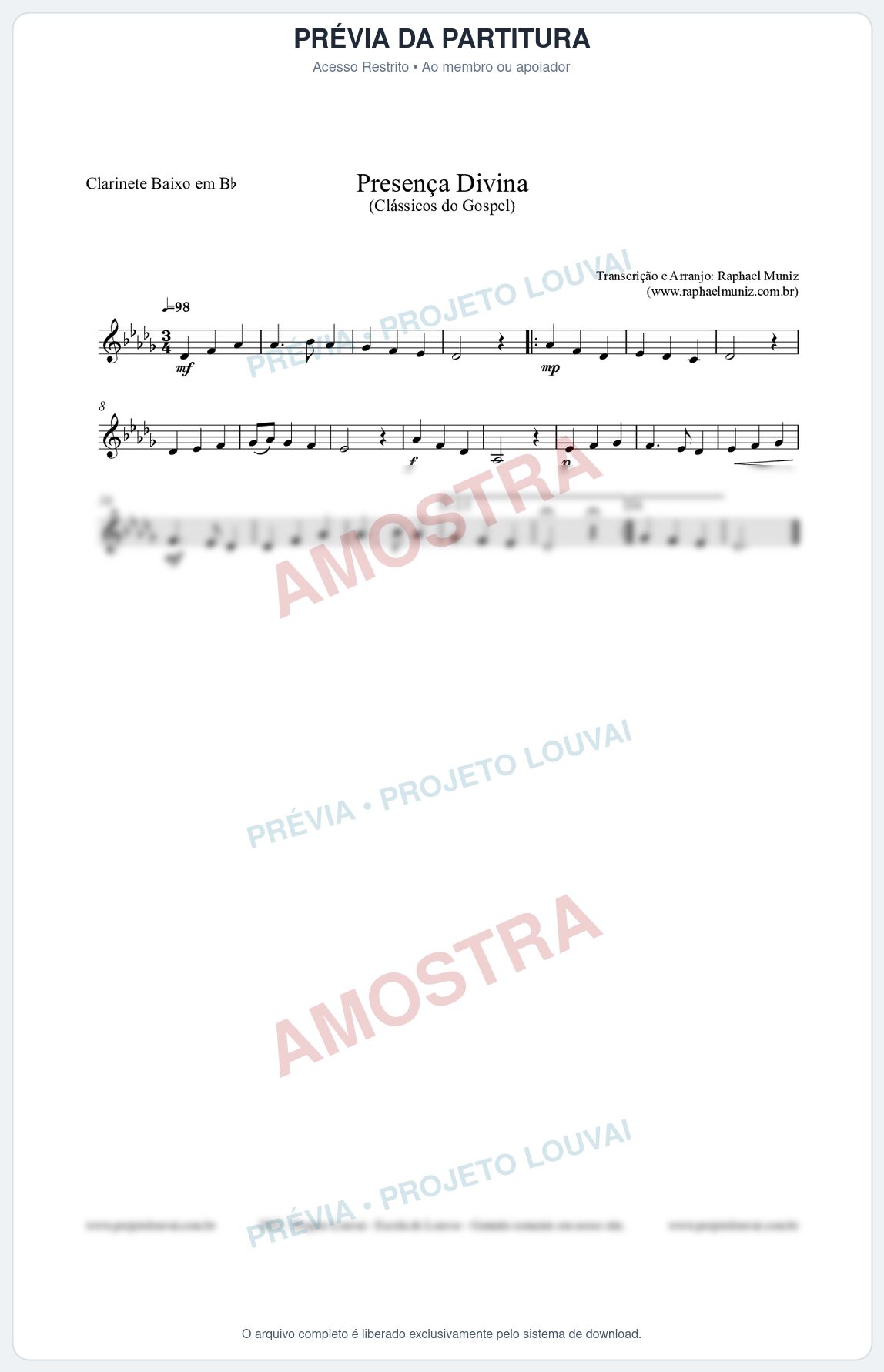 Prévia protegida da primeira página da partitura Partitura para Clarinete Baixo em Bb - Presença Divina - Cantor Cristão nº5 - Clássicos do Gospel