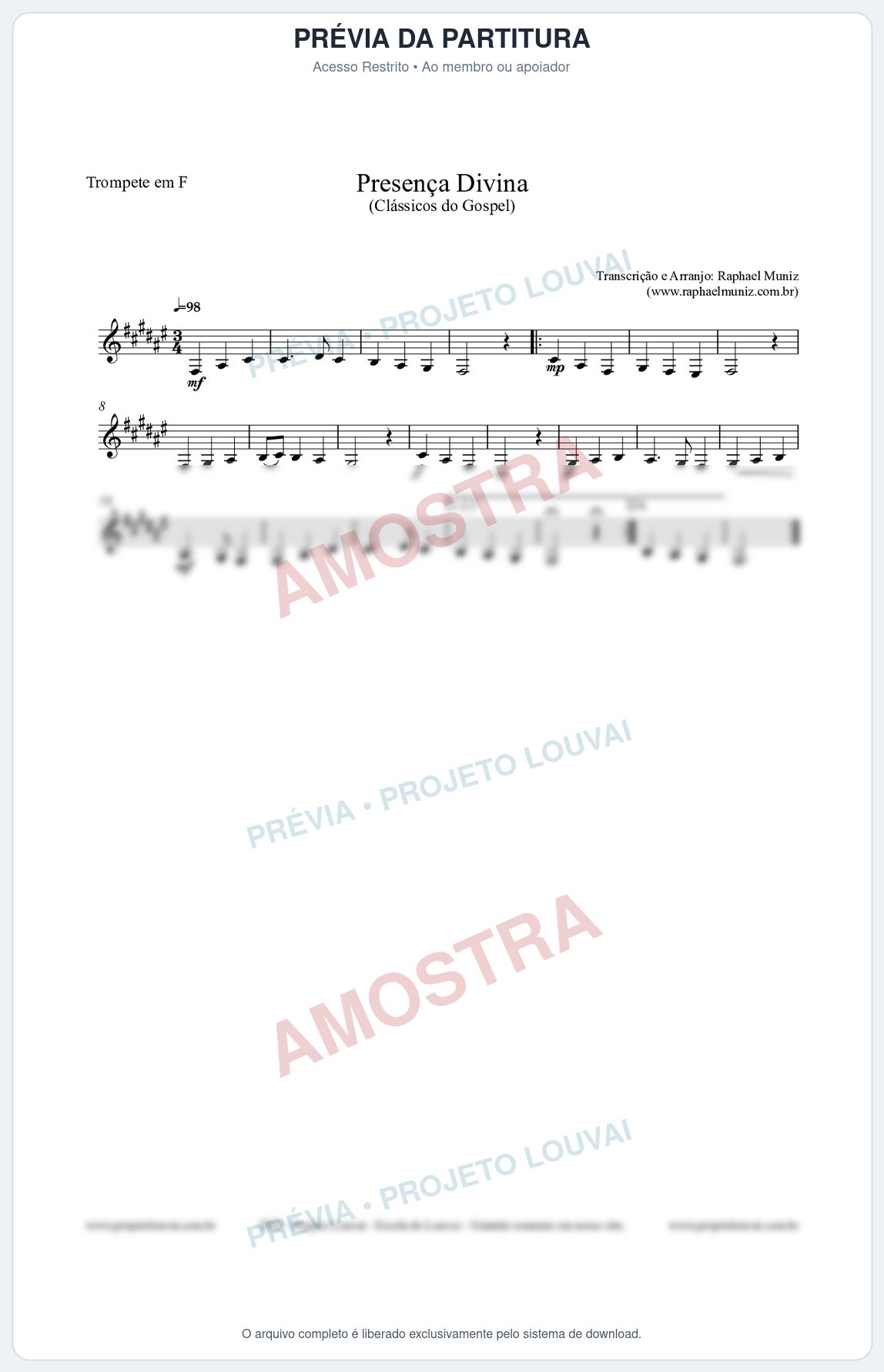 Prévia protegida da primeira página da partitura Partitura para Trompete em F - Presença Divina - Cantor Cristão nº5 - Clássicos do Gospel