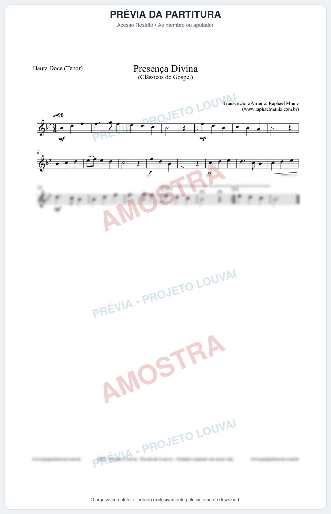 Prévia protegida da primeira página da partitura Partitura para Flauta Doce (Tenor) - Presença Divina - Cantor Cristão nº5 - Clássicos do Gospel