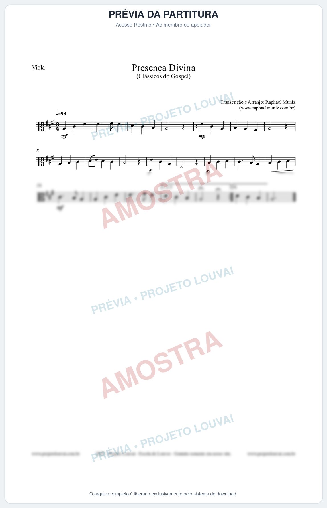 Prévia protegida da primeira página da partitura Partitura para Viola - Presença Divina - Cantor Cristão nº5 - Clássicos do Gospel