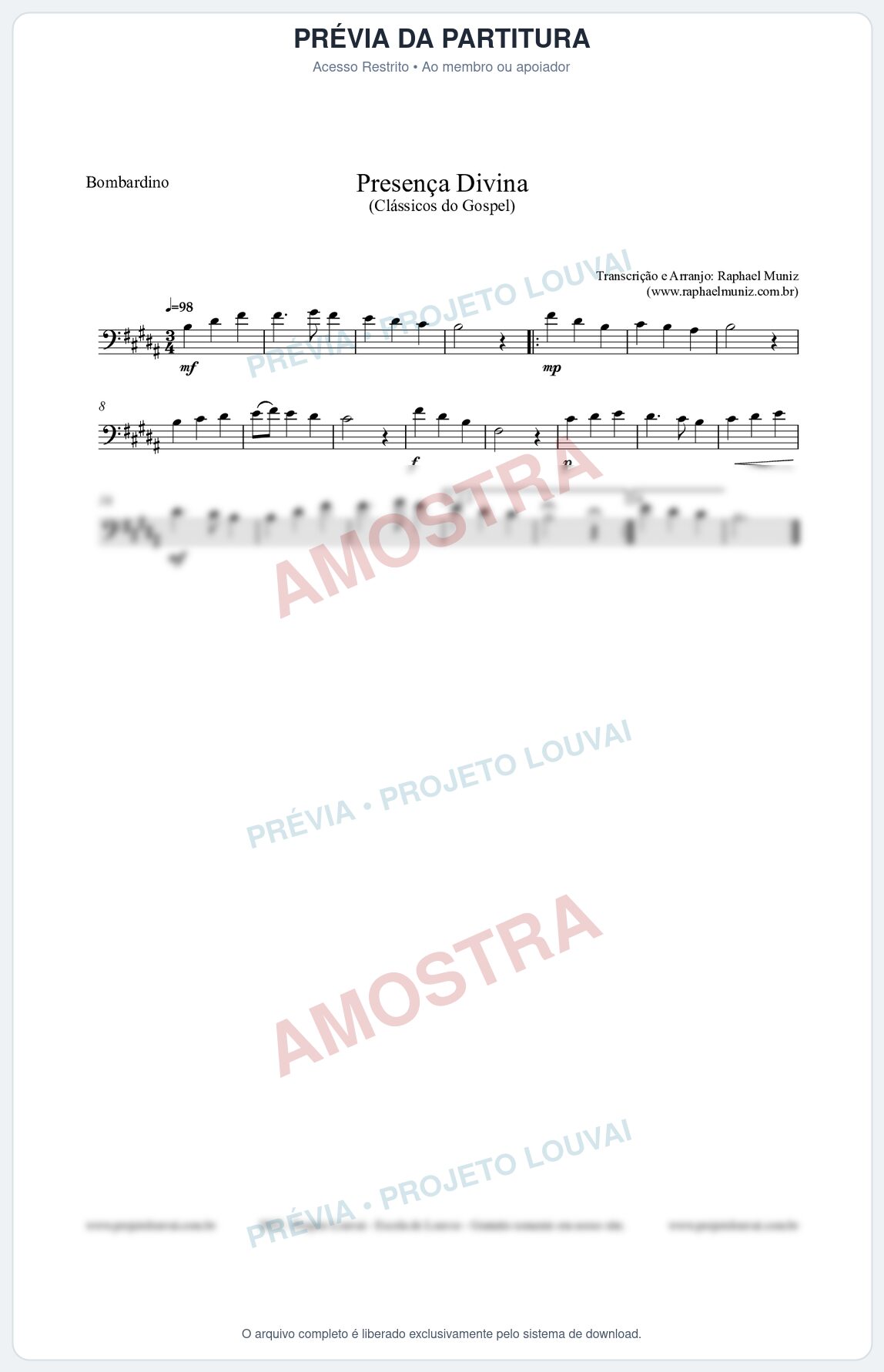 Prévia protegida da primeira página da partitura Partitura para Bombardino - Presença Divina - Cantor Cristão nº5 - Clássicos do Gospel