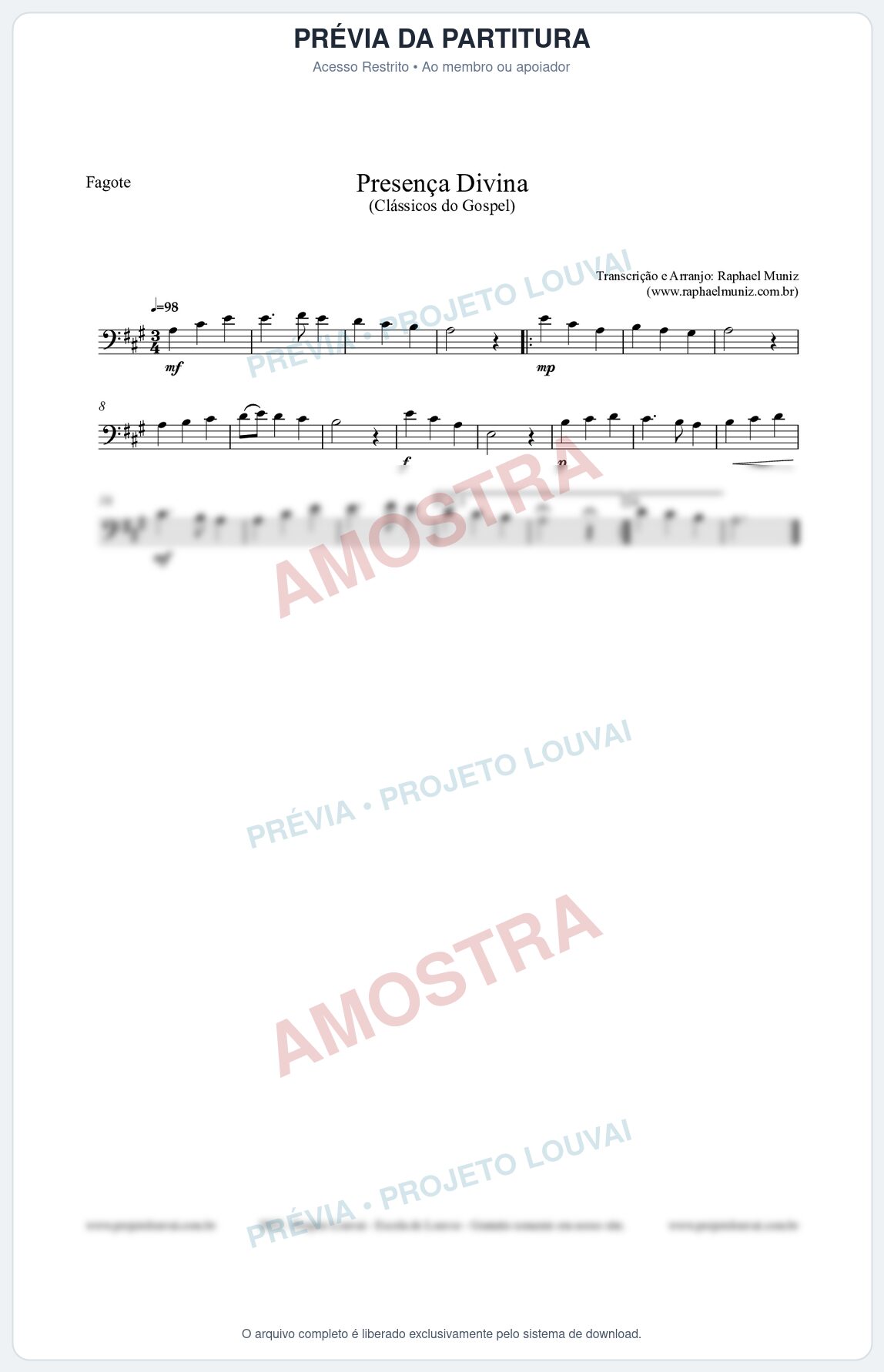 Prévia protegida da primeira página da partitura Partitura para Fagote - Presença Divina - Cantor Cristão nº5 - Clássicos do Gospel
