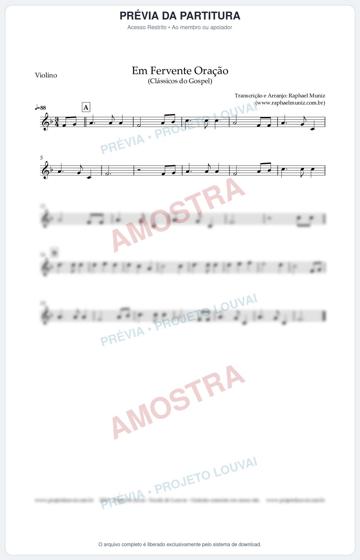 Prévia protegida da primeira página da partitura Partitura para Violino - Em Fervente Oração - Harpa Cristã nº 577 - Clássicos do Gospel