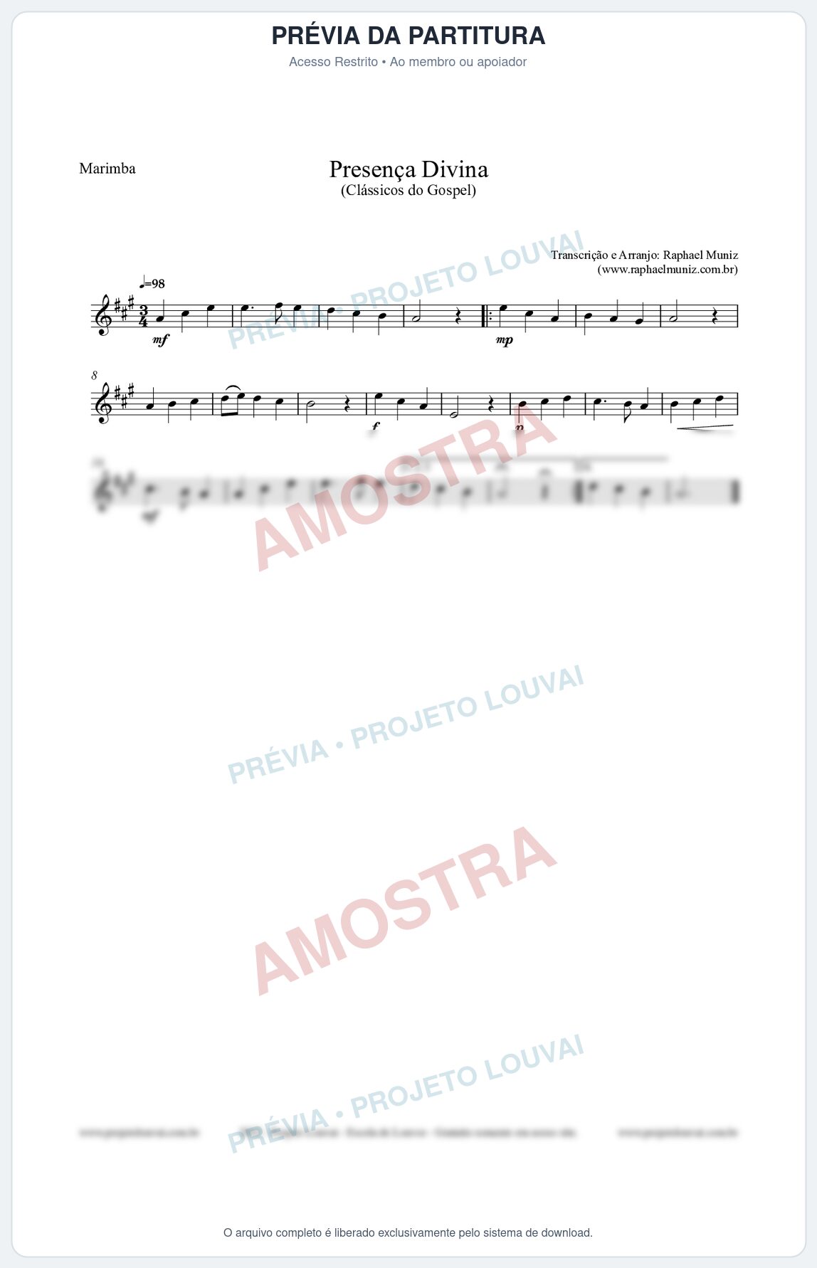 Prévia protegida da primeira página da partitura Partitura para Marimba - Presença Divina - Cantor Cristão nº5 - Clássicos do Gospel