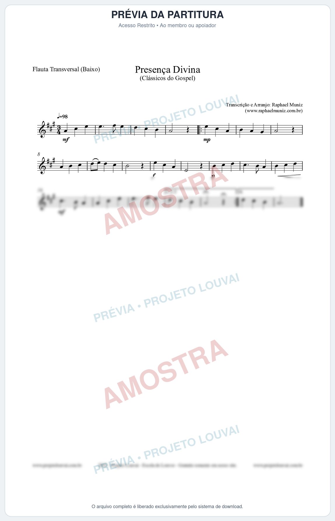 Prévia protegida da primeira página da partitura Partitura para Flauta Transversal (Baixo) - Presença Divina - Cantor Cristão nº5 - Clássicos do Gospel