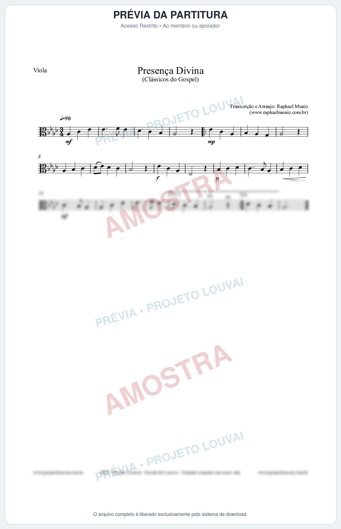 Prévia protegida da primeira página da partitura Partitura para Viola - Presença Divina - Cantor Cristão nº5 - Clássicos do Gospel