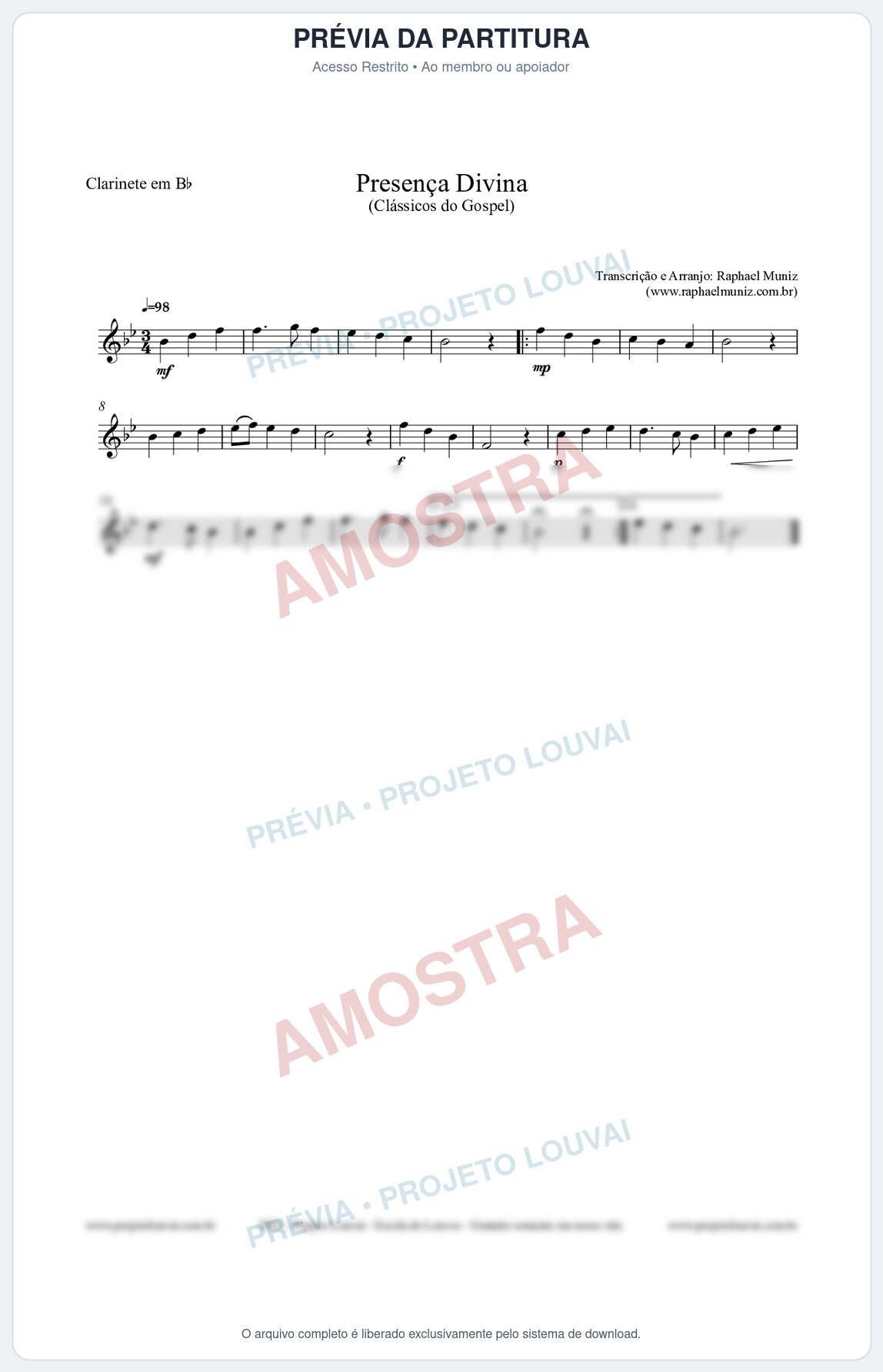 Prévia protegida da primeira página da partitura Partitura para Clarinete em Bb - Presença Divina - Cantor Cristão nº5 - Clássicos do Gospel