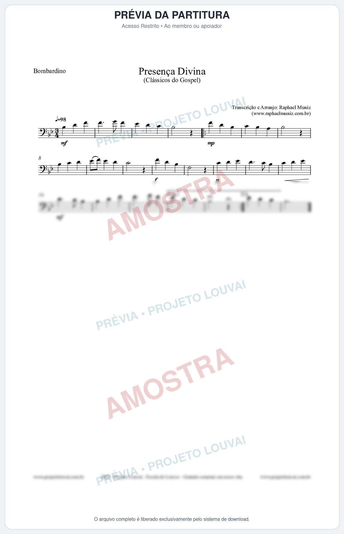 Prévia protegida da primeira página da partitura Partitura para Bombardino - Presença Divina - Cantor Cristão nº5 - Clássicos do Gospel