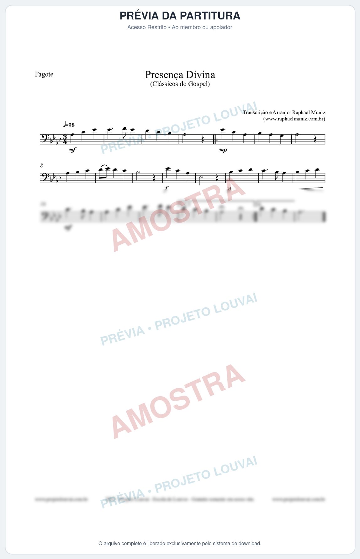 Prévia protegida da primeira página da partitura Partitura para Fagote - Presença Divina - Cantor Cristão nº5 - Clássicos do Gospel