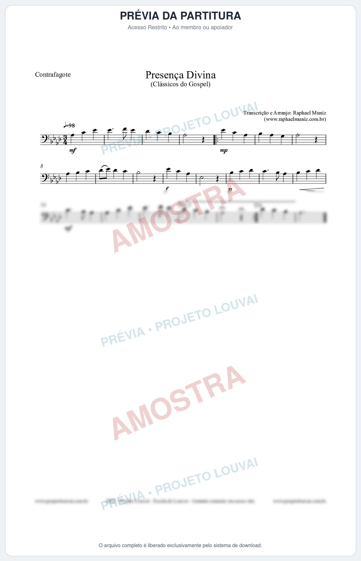 Prévia protegida da primeira página da partitura Partitura para Contrafagote - Presença Divina - Cantor Cristão nº5 - Clássicos do Gospel