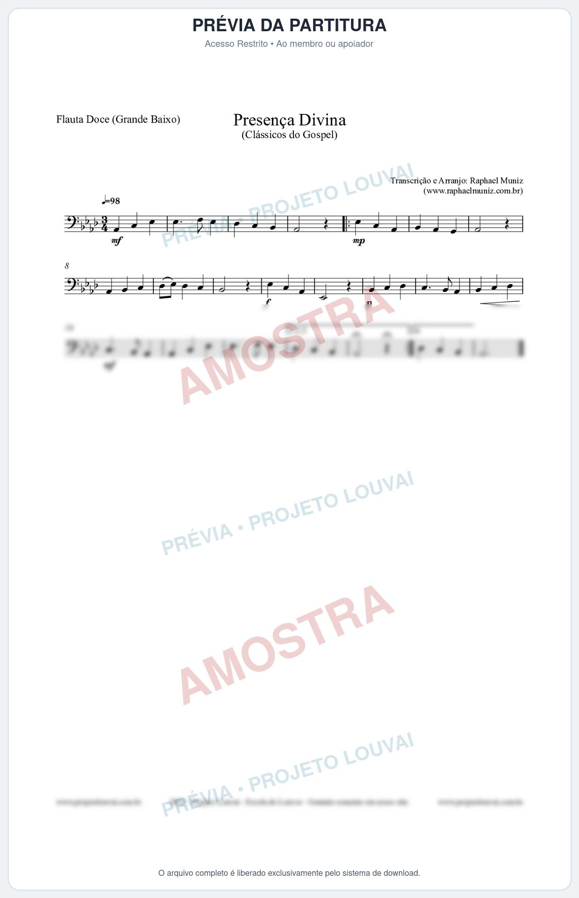 Prévia protegida da primeira página da partitura Partitura para Flauta Doce (Grande Baixo) - Presença Divina - Cantor Cristão nº5 - Clássicos do Gospel