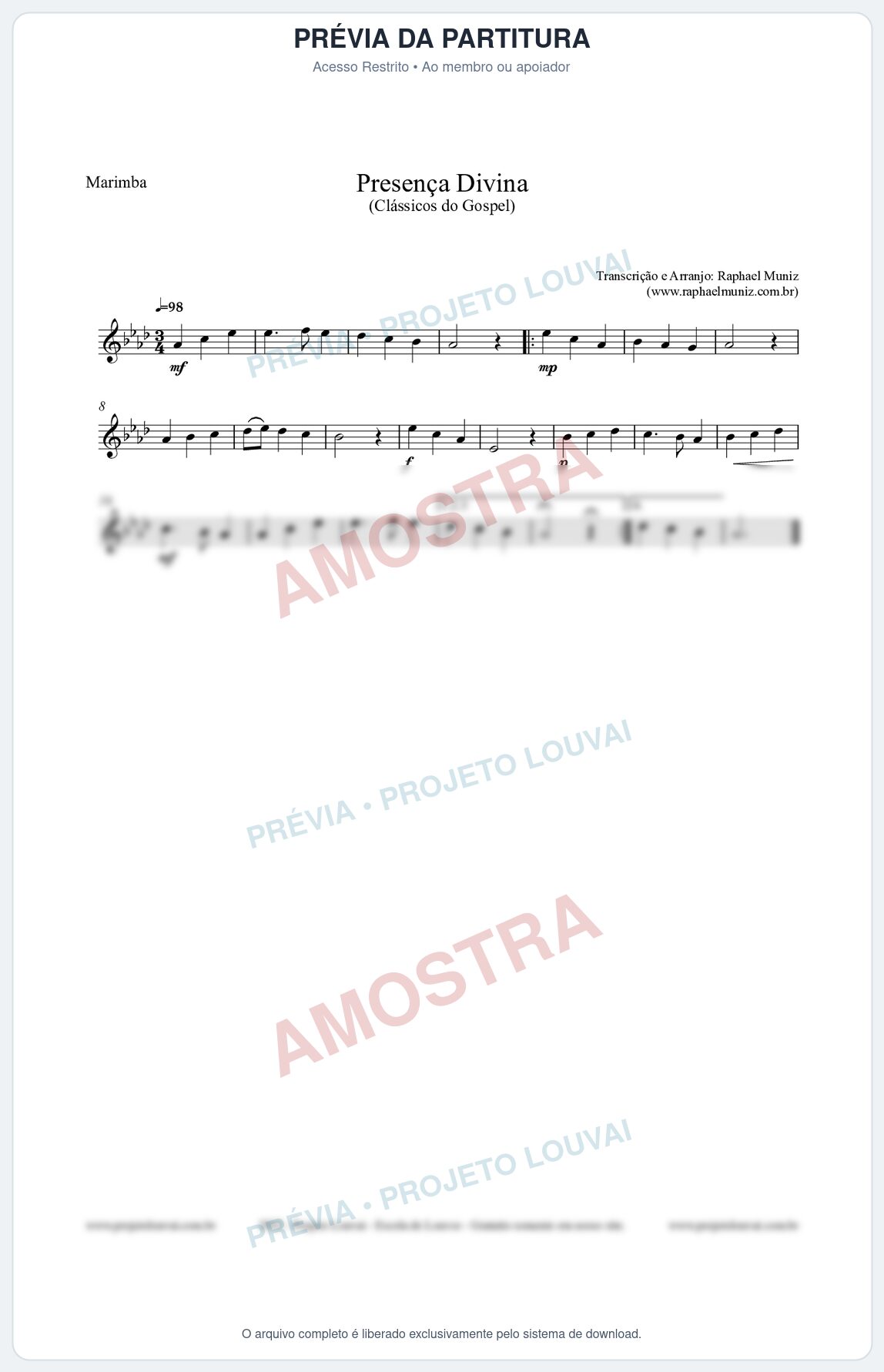 Prévia protegida da primeira página da partitura Partitura para Marimba - Presença Divina - Cantor Cristão nº5 - Clássicos do Gospel