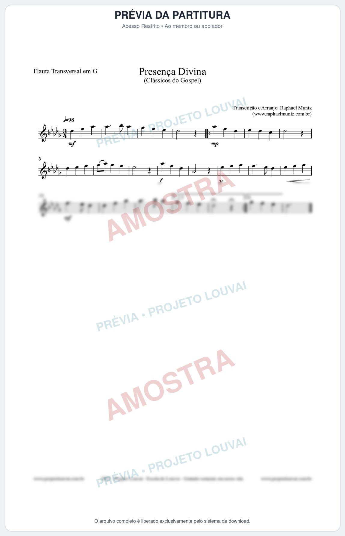 Prévia protegida da primeira página da partitura Partitura para Flauta Transversal em G - Presença Divina - Cantor Cristão nº5 - Clássicos do Gospel