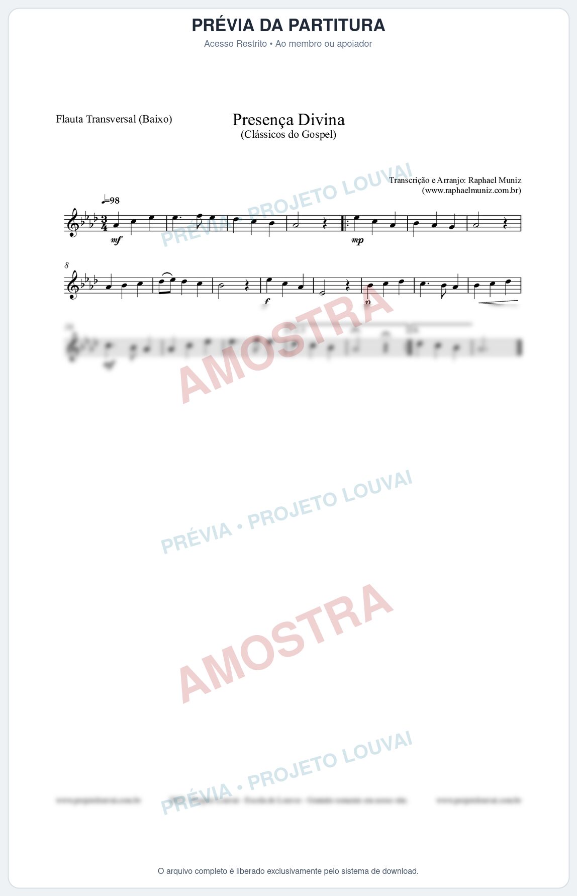 Prévia protegida da primeira página da partitura Partitura para Flauta Transversal (Baixo) - Presença Divina - Cantor Cristão nº5 - Clássicos do Gospel