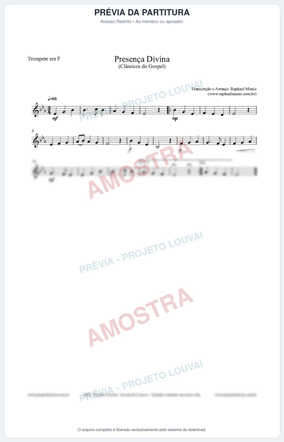 Prévia protegida da primeira página da partitura Partitura para Trompete em F - Presença Divina - Cantor Cristão nº5 - Clássicos do Gospel