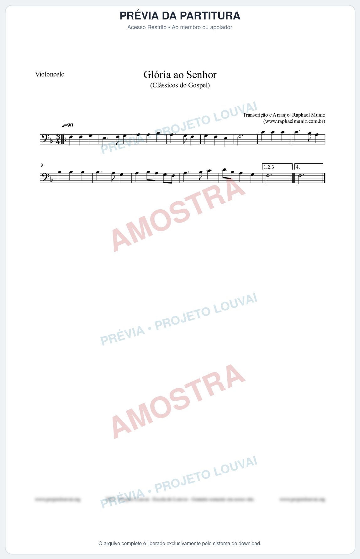 Prévia protegida da primeira página da partitura Partitura para Violoncelo - Glória ao Senhor - Cantor Cristão nº6 - Clássicos do Gospel