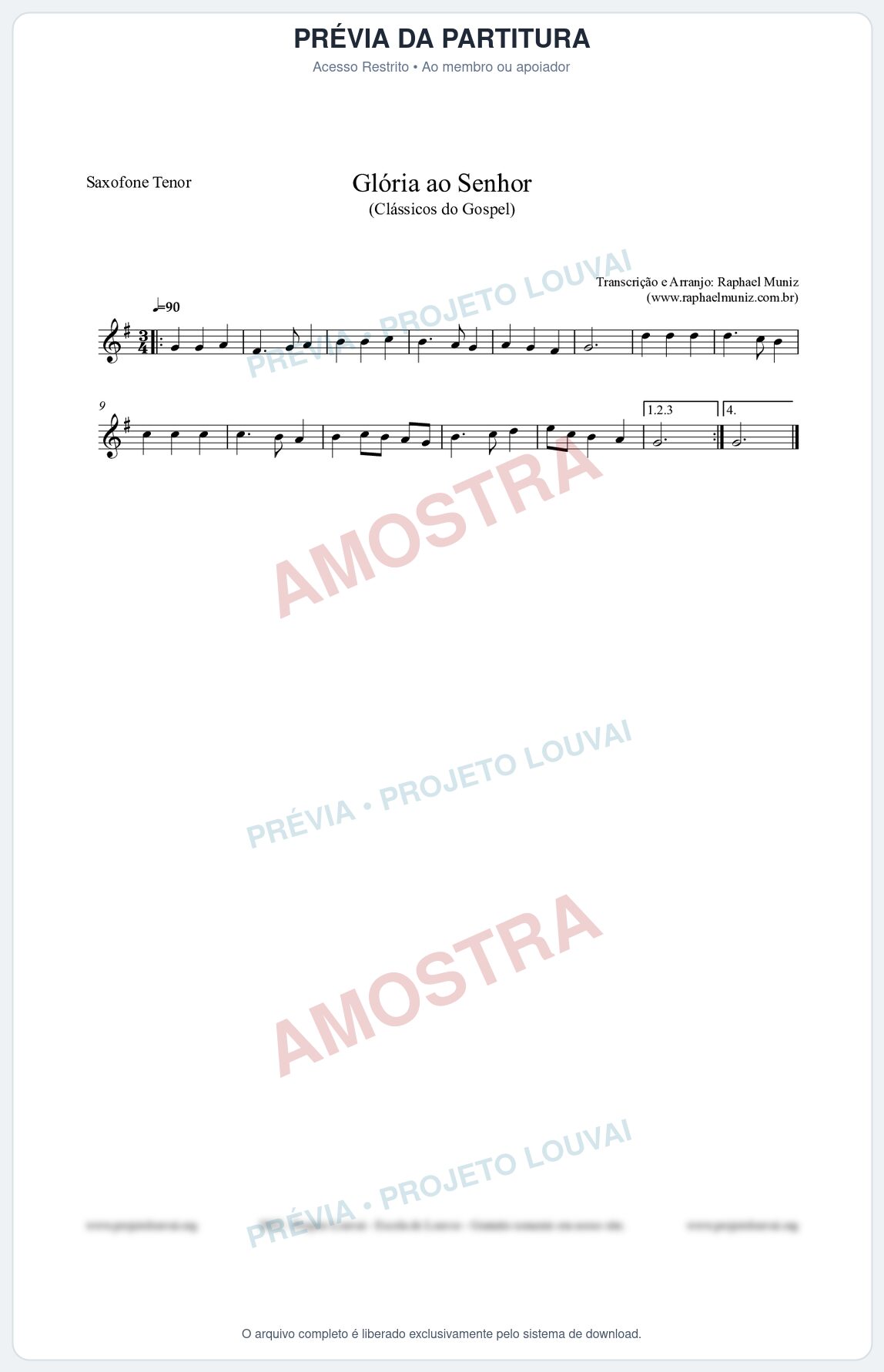 Prévia protegida da primeira página da partitura Partitura para Saxofone Tenor - Glória ao Senhor - Cantor Cristão nº6 - Clássicos do Gospel