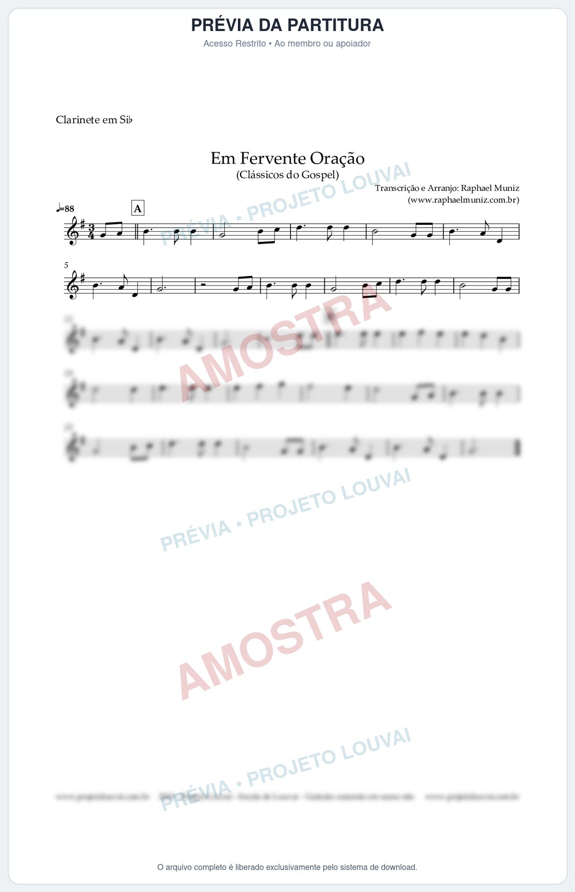 Prévia protegida da primeira página da partitura Partitura para Clarinete em Bb - Em Fervente Oração - Harpa Cristã nº 577 - Clássicos do Gospel