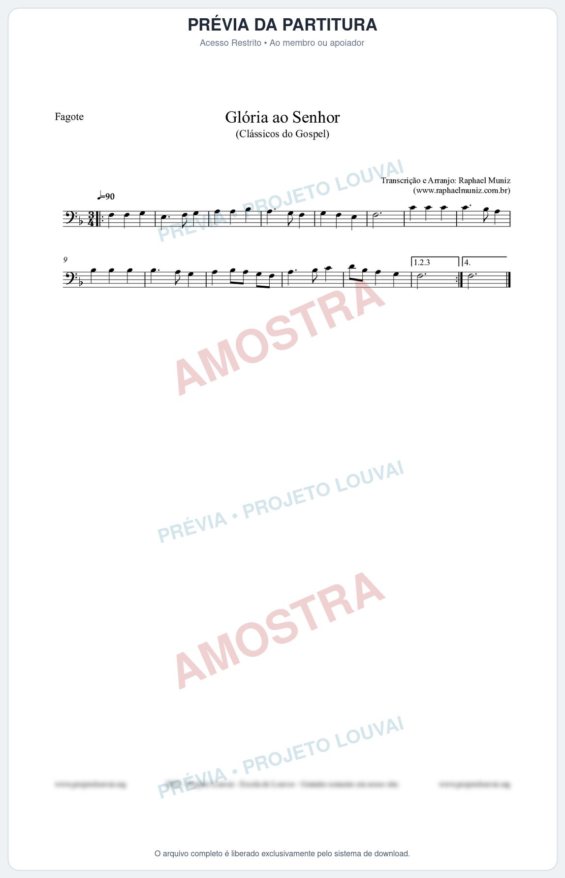 Prévia protegida da primeira página da partitura Partitura para Fagote - Glória ao Senhor - Cantor Cristão nº6 - Clássicos do Gospel