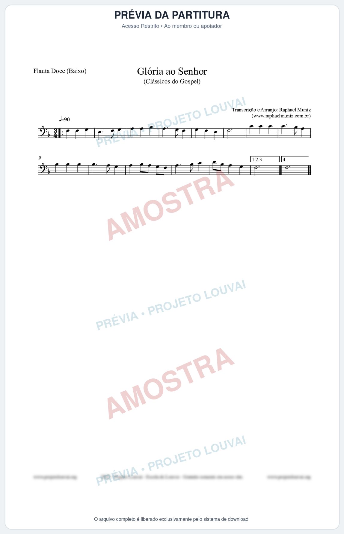 Prévia protegida da primeira página da partitura Partitura para Flauta Doce (Baixo) - Glória ao Senhor - Cantor Cristão nº6 - Clássicos do Gospel