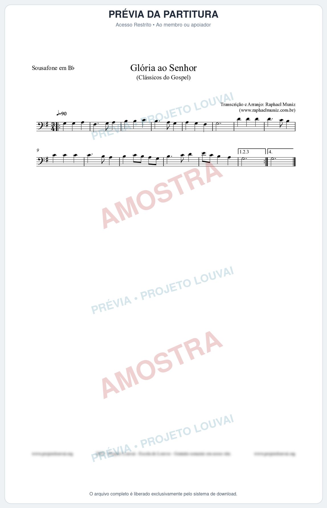 Prévia protegida da primeira página da partitura Partitura para Sousafone em Bb - Glória ao Senhor - Cantor Cristão nº6 - Clássicos do Gospel