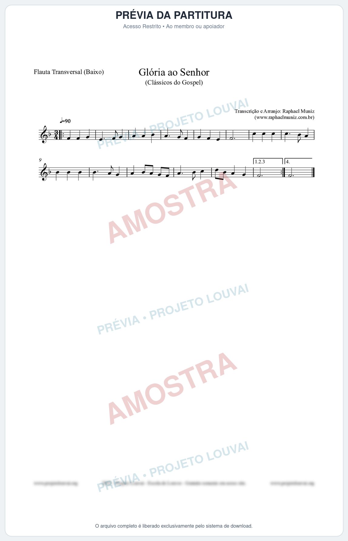 Prévia protegida da primeira página da partitura Partitura para Flauta Transversal (Baixo) - Glória ao Senhor - Cantor Cristão nº6 - Clássicos do Gospel