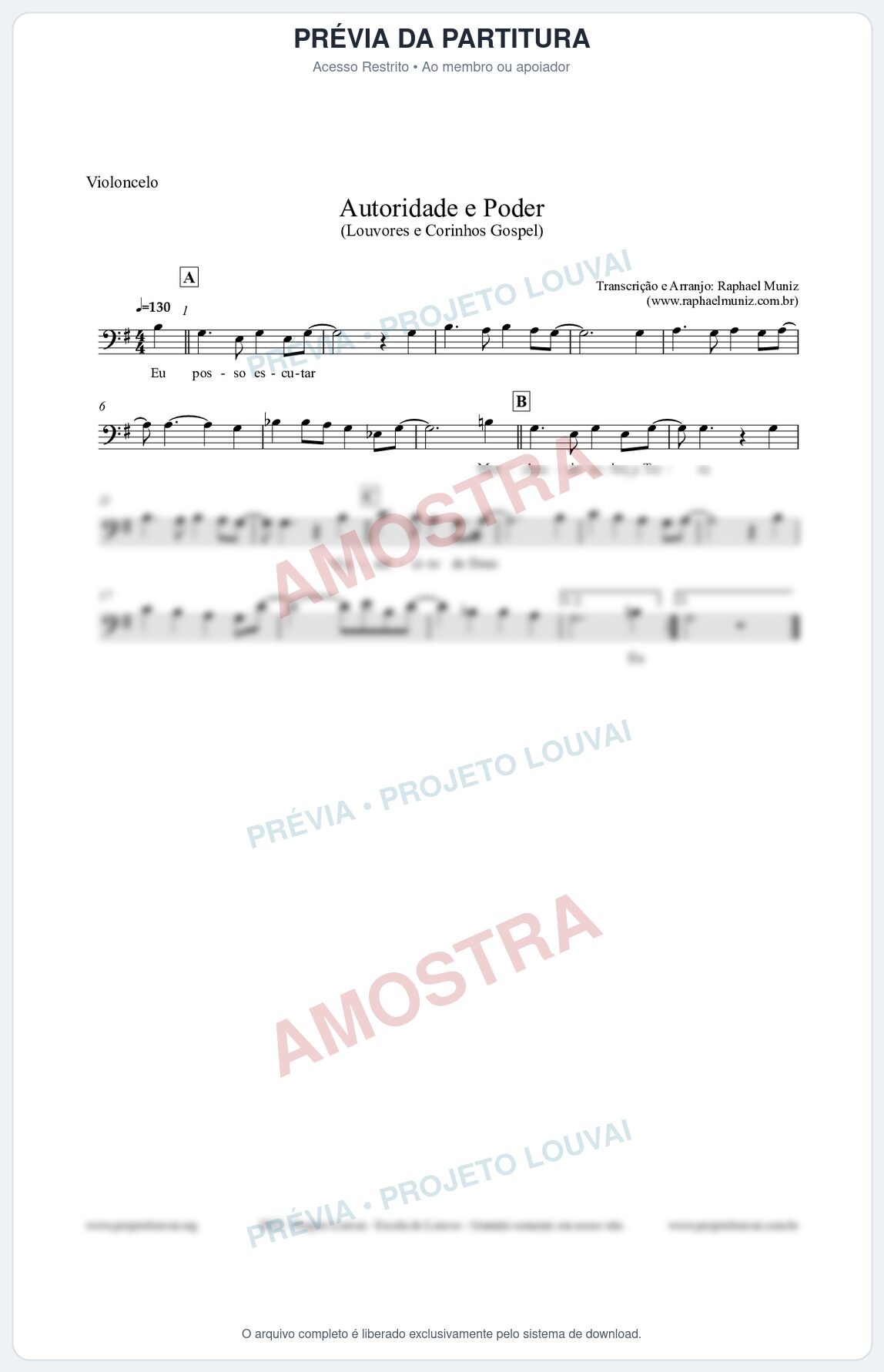 Prévia protegida da primeira página da partitura Partitura para Violoncelo - Exército de Deus - Louvores e Corinhos Gospel