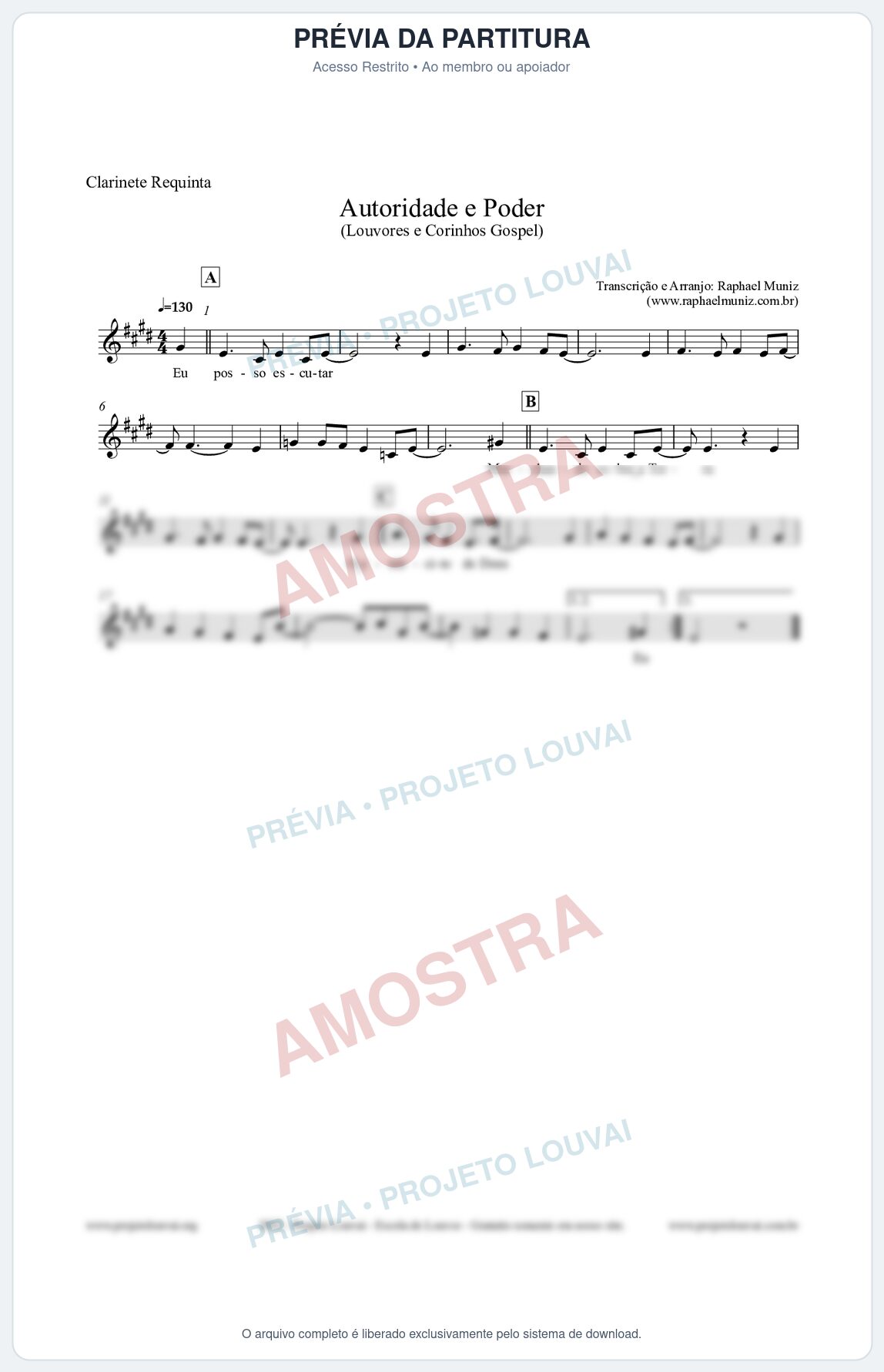 Prévia protegida da primeira página da partitura Partitura para Clarinete Requinta - Exército de Deus - Louvores e Corinhos Gospel