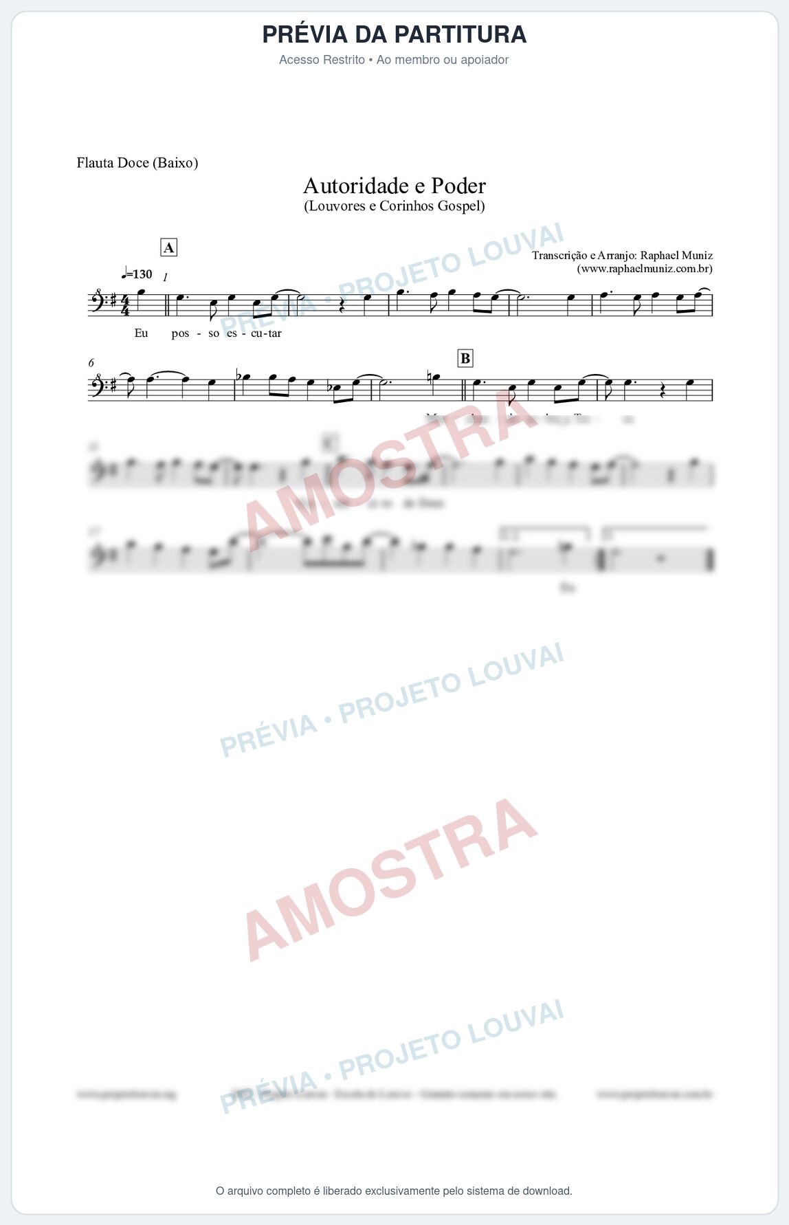 Prévia protegida da primeira página da partitura Partitura para Flauta Doce (Baixo) - Exército de Deus - Louvores e Corinhos Gospel