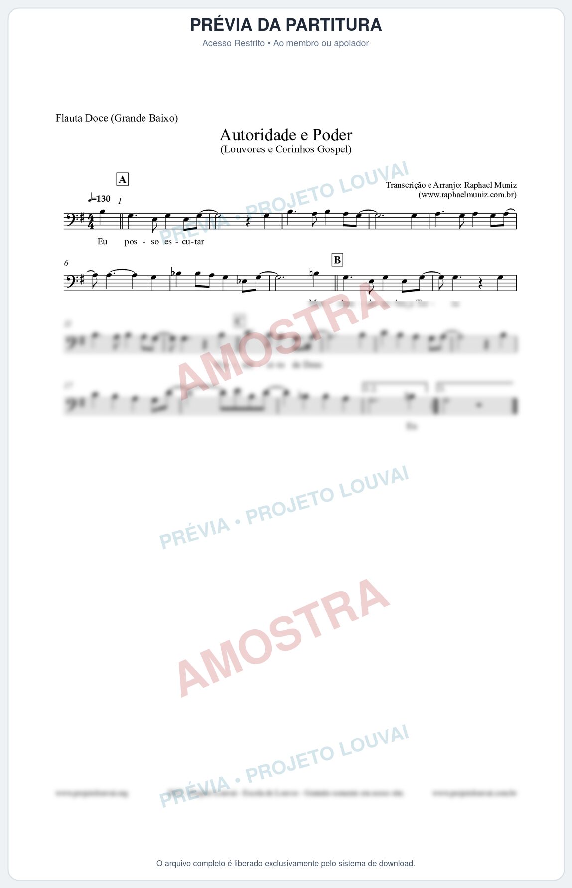 Prévia protegida da primeira página da partitura Partitura para Flauta Doce (Grande Baixo) - Exército de Deus - Louvores e Corinhos Gospel