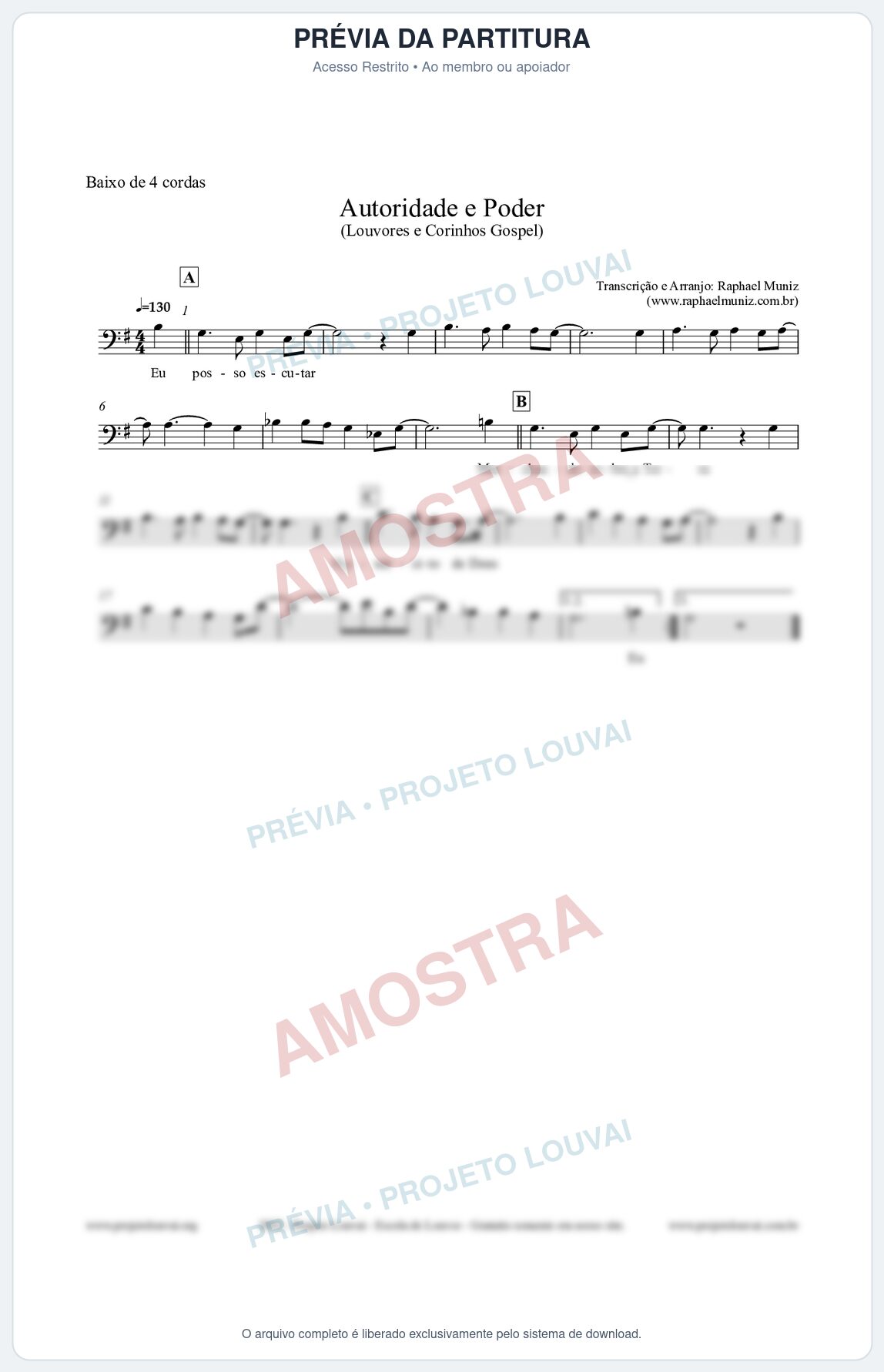 Prévia protegida da primeira página da partitura Partitura para Baixo de 4 cordas - Exército de Deus - Louvores e Corinhos Gospel