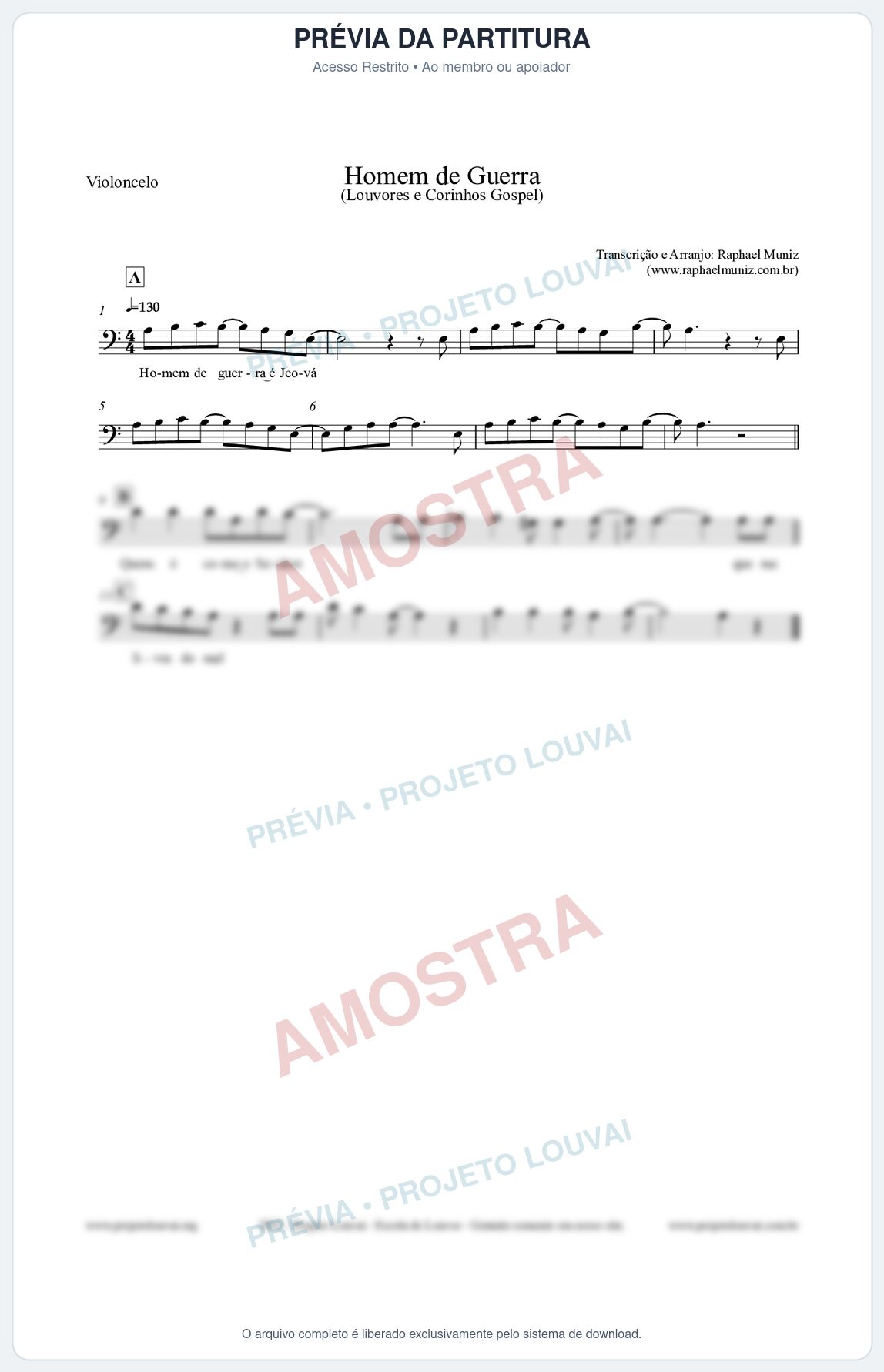 Prévia protegida da primeira página da partitura Partitura para Violoncelo - Homem de Guerra - Louvores e Corinhos Gospel