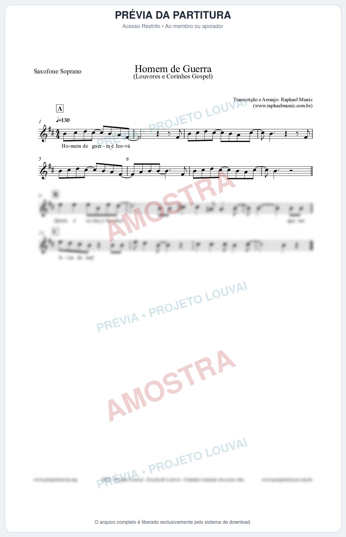 Prévia protegida da primeira página da partitura Partitura para Saxofone Soprano - Homem de Guerra - Louvores e Corinhos Gospel