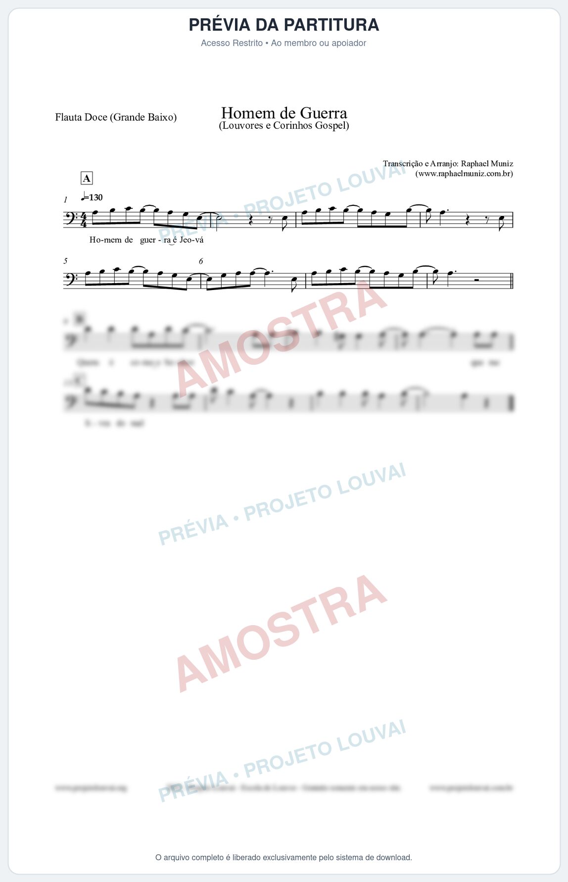 Prévia protegida da primeira página da partitura Partitura para Flauta Doce (Grande Baixo) - Homem de Guerra - Louvores e Corinhos Gospel