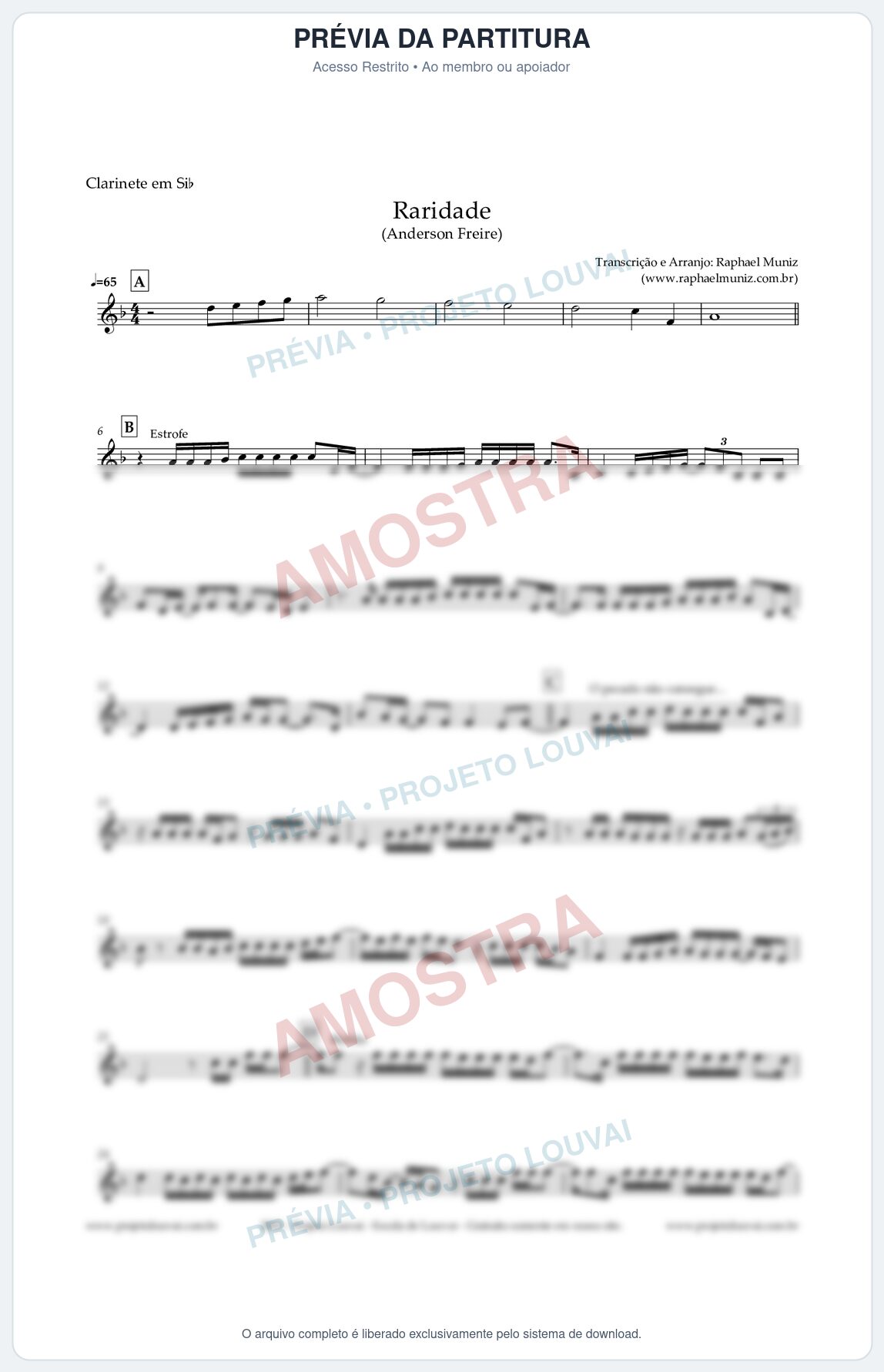 Prévia protegida da primeira página da partitura Partitura para Clarinete em Bb - Raridade - Anderson Freire